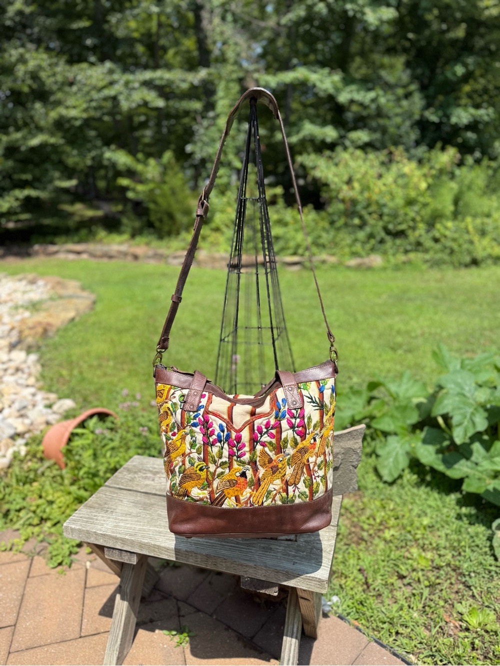 Embroidered Floral Shoulder Bag with Brown Trim